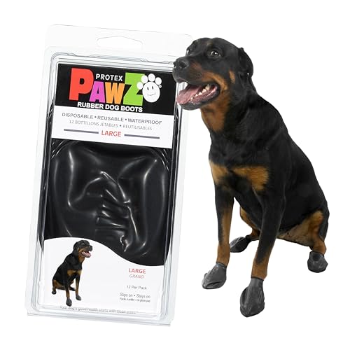 PawZ Rubber Dog Boots for Large Paws - All-Weather Waterproof Dog Shoes, Anti-Slip Traction for Rain, Snow, Mud & Hot Pavement - Pull-On Dog Booties, Black - Large (3"- 4") - Pack of 12 - size: L