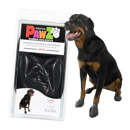 PawZ Rubber Dog Boots for Large Paws - All-Weather Waterproof Dog Shoes, Anti-Slip Traction for Rain, Snow, Mud & Hot Pavement - Pull-On Dog Booties, Black - Large (3"- 4") - Pack of 12 - size: L