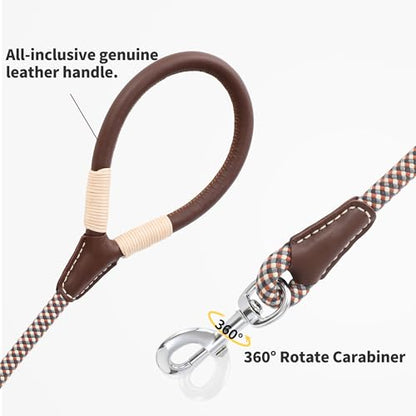 Mile High Life Dog Leash, Rope Leash with Genuine Leather Handle and Heavy Duty Metal Clasp, Great for Small Medium Large Dogs (Brown Check, 4FT) - color: Leather Handle-Brown Check, size: 48 Inch-1/2"