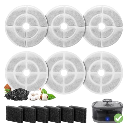 6 Pack Replacement Filters for 2.5Gal/9.5L Dog Water Fountain, GISOFIK 18CM Larger Cat Water Fountain Filters, Coconut Activated Dog Fountain Filters, Pet Fountain Filter Replacement(6 Pump Filters)