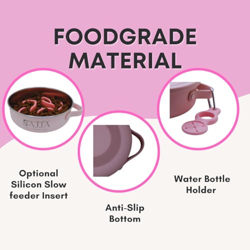 Pink Slow Feeder Travel Dog Bowl Set – 30oz Stainless Steel + 20oz Collapsible Silicone Dish + Silicone Slow Feeder Insert | Water Bottle Holder | Non-Slip, Anti-Choking, BPA-Free – Claim - color: Slow feeder Pink Bowl