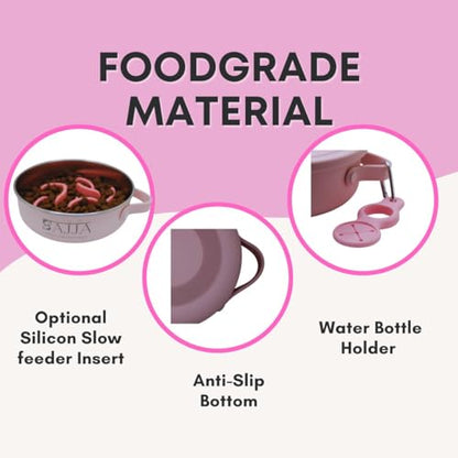 Pink Slow Feeder Travel Dog Bowl Set – 30oz Stainless Steel + 20oz Collapsible Silicone Dish + Silicone Slow Feeder Insert | Water Bottle Holder | Non-Slip, Anti-Choking, BPA-Free – Claim - color: Slow feeder Pink Bowl