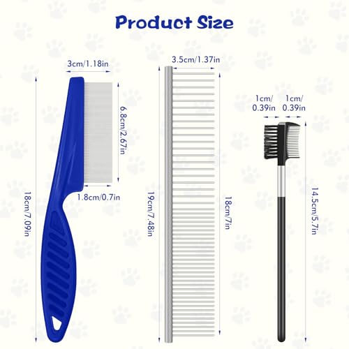 WRW 7 Pack Flea Comb,Stainless Steel Dog Cat Grooming Combs with Rounded Tooth for Remove Fleas Lice Eggs, Double Sided Tear Stain Remover, Dematting Tool for All Types of Small, Medium, Large Pets