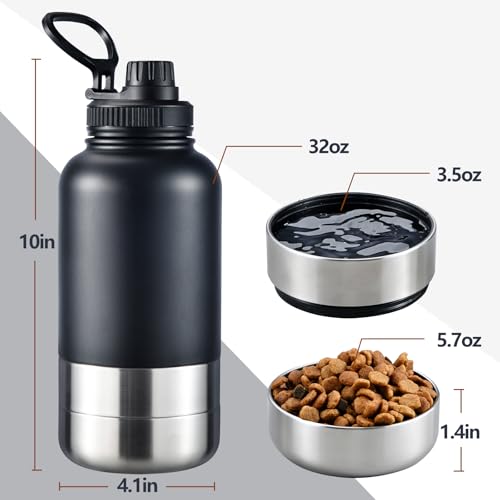 Cibaabo Insulated Dog Water Bottle with 2 Bowls, 32oz Travel Stainless Steel Double Wall Thermos, Portable Pet Dispenser, Gifts for Puppy Small Medium Dogs Walking Hiking and Camping - color: Off-White