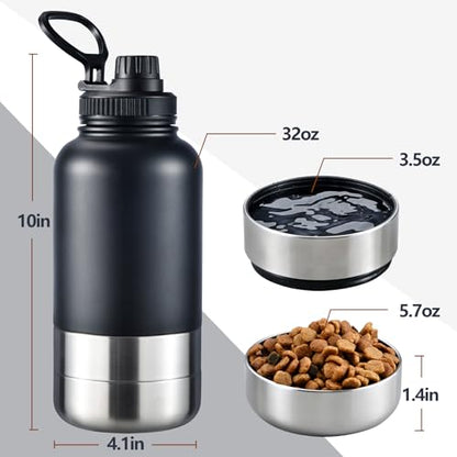 Cibaabo Insulated Dog Water Bottle with 2 Bowls, 32oz Travel Stainless Steel Double Wall Thermos, Portable Pet Dispenser, Gifts for Puppy Small Medium Dogs Walking Hiking and Camping - color: Off-White