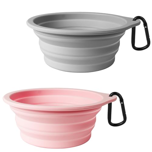 PetBonus 2-Pack Silicone Collapsible Dog Bowls, BPA Free Dishwasher Safe, Portable Foldable Expandable Travel Bowl, Food Water Feeding Cup Dish for Dogs Cats with 2 Carabiners （Grey, Chalk Pink） - color: Grey, Chalk Pink, size: 20 Oz