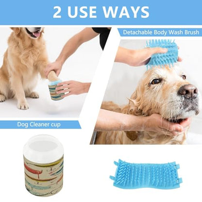 Qilmy Vintage Fish Pattern Dog Paw Cleaner Cup with Silicone Bristle, Portable Pet Foot Washer Brush for Small Medium Large Dogs and Cats Muddy Paw Cleaning
