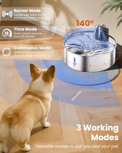 Wireless Dog Water Fountain for Large Dogs, 12L/3.2Gal Stainless Steel Dog Fountain Water Bowl with Sensor, Quiet Pump BPA-Free Automatic Water Dispenser for Cats Dogs Pets