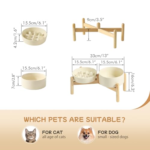 Havniva 6.1” Raised Slow Feeder Dog Bowls Set, 0.9 Cups Ceramic Slow Feeder Dog Bowl and 6.1” Dog Water Bowl with Elevated Wooden Stand Puzzle Dog Food Bowl for Small Dogs Anti-Gulping & Anti-Choking - color: 2 x Light Yellow+Stand-C, size: 6.1inch