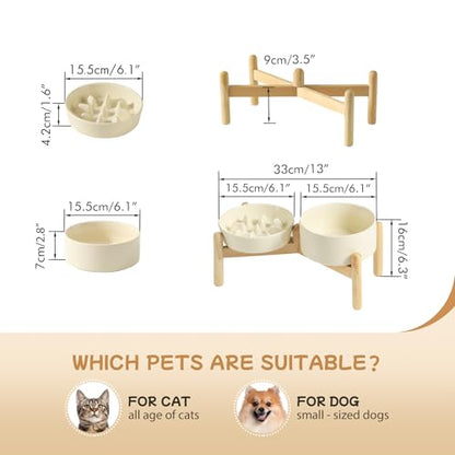 Havniva 6.1” Raised Slow Feeder Dog Bowls Set, 0.9 Cups Ceramic Slow Feeder Dog Bowl and 6.1” Dog Water Bowl with Elevated Wooden Stand Puzzle Dog Food Bowl for Small Dogs Anti-Gulping & Anti-Choking - color: 2 x Light Yellow+Stand-C, size: 6.1inch