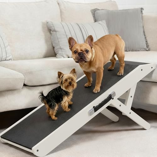 Dog Ramp for Couch – Non-Slip, Sturdy Build Foldable Wooden Dog Ramp – Supports up to 200 lbs – 7 Adjustable Heights (14"–20.5") – Enhanced Stability – Birchwood Pet Ramp for Small Dogs – White - color: White