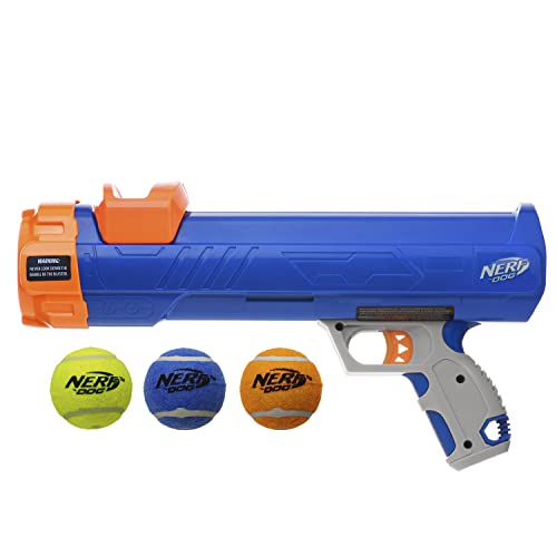 Nerf Dog 12in Blaster w/o Ball Clip 3 2in Squeak Tennis Balls - Opaque Blue/Orange/Gray and Orange and Blue and Green, Small