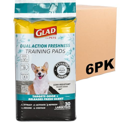 Glad for Pets Dual Action Freshness Activated Carbon Puppy Pads, Fragrance Release, Scented Odor Control, 6-Layer Leak-Proof, Pheromone Attractant, 23 x 23 Inch, 30 Count - 6 Pack - size: 30 Count (Pack of 6)