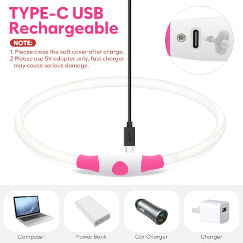 HIGO LED Dog Collar, USB Rechargeable Light Up Dog Collars Glow in the Dark, Waterproof LED Dog Necklace for Your Dogs Walking at Night (Pink) - color: Pink
