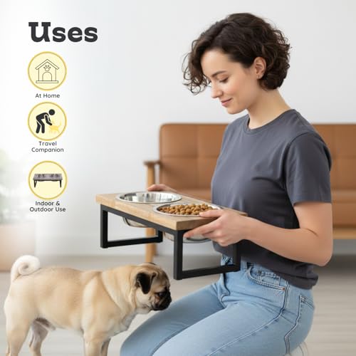 Elevated Dog Bowls, Medium 5.2 Height Mango Wood Raised Dog Bowl Iron Stand Frame with 64oz 2 Pcs Stainless Steel Pets Dishes, Food & Water 8Cup, 1.9L Capacity Nonslip Cat Feeding Station - size: 5.2 Inches / 64oz 2 Bowl