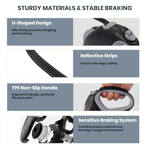 33ft Retractable Dog Leash, One-Button Control with Reflective Strips, 360° Anti Winding Non Slip Handle Lead, Long Leash Retractable with Waste Bag Dispenser for Medium Large Dog