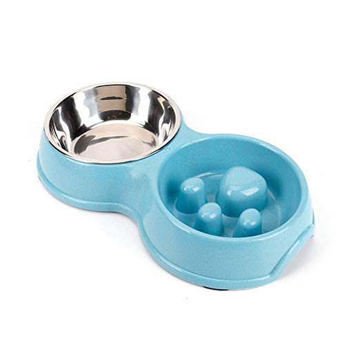 Tineer Double Pet Dog Slow Feeder Bowl,Stainless Steel Anti-Choke Puppy Food and Water Feeder for Dogs Cats (Blue) - color: Blue
