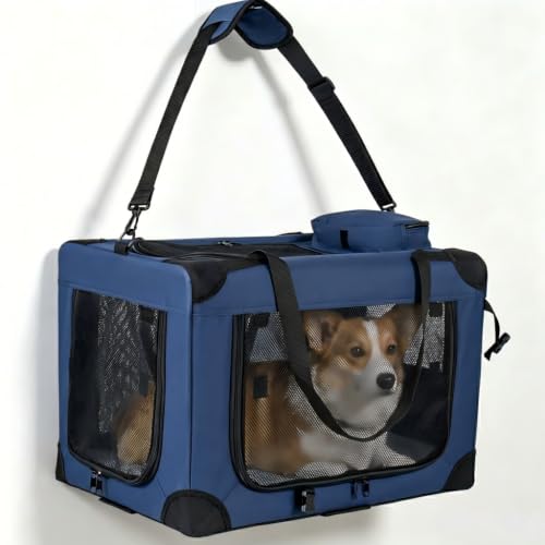 40 Inch Soft Dog Crate, Multi-Door Design Dog Carrier, Collapsible Mesh Pet Kennel Bag for Road Trips & Flying, Up to 90 lbs, Blue