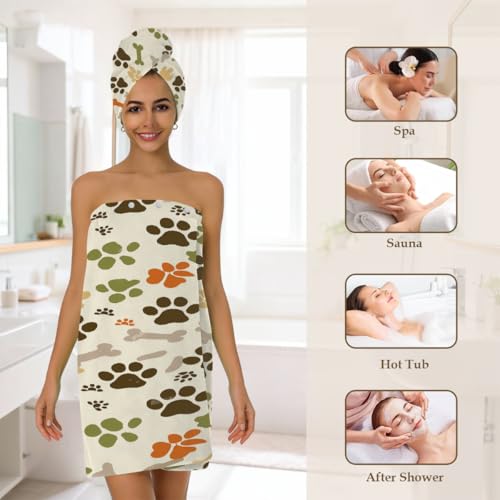 Dog Paw Prints Bones Microfiber Bathrobe and Hair Towel Wrap Set for Women Quick Dry Shower Towels Wrap Absorbent Soft Bath Robe and Hair Drying Cap for Spa After Shower