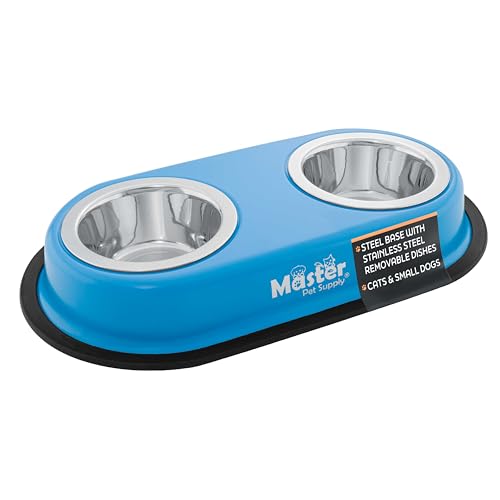 Master Pet Supply Double Dog Bowls Set with Elevated Base and 2 (8 oz) Stainless Steel Removable Dishes (True Blue) – Double Cat Food Water Bowl, Dog Puppy Food Bowl Set, Rust Resistant - color: True Blue