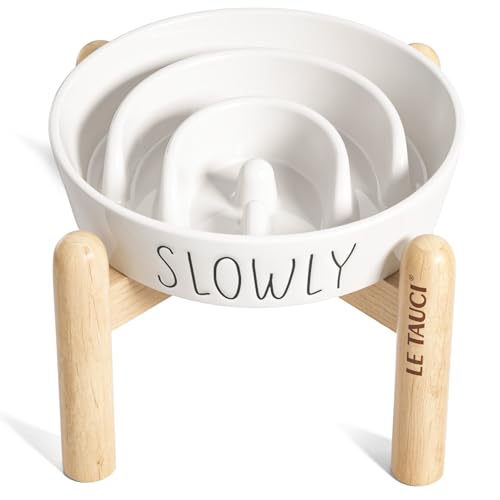 LE TAUCI PET Ceramic Elevated Slow Feeder Dog Bowl - 0.6 Cup Puzzle Feeder with Wooden Stand for Small Breeds, White Pet Dish - color: White+Stand, size: S-0.6 Cups