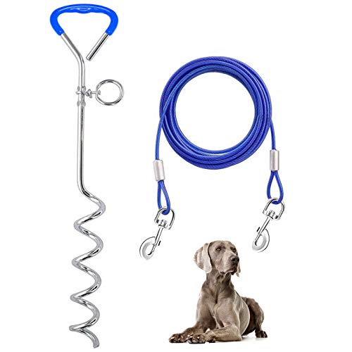 Supet Dog Tie Out Cable and Stake for Yard and Camping, Heavy Duty Stakes and Lead for Large Dogs up to 125lbs, Dog Scew and Tether for Outside (10FT) - color: Blue, size: 10ft/3meter