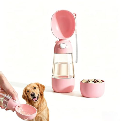 2-in-1 Dog Water Bottle, 400ML Water + 200ML Food Leak-Proof Pet Travel Water Dispenser with Detachable Bowl, BPA-Free Portable Dog Water Bottle for Walking, Hiking, Travel (Pink) - color: Pink