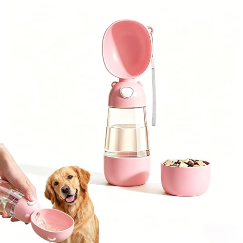 2-in-1 Dog Water Bottle, 400ML Water + 200ML Food Leak-Proof Pet Travel Water Dispenser with Detachable Bowl, BPA-Free Portable Dog Water Bottle for Walking, Hiking, Travel (Pink) - color: Pink