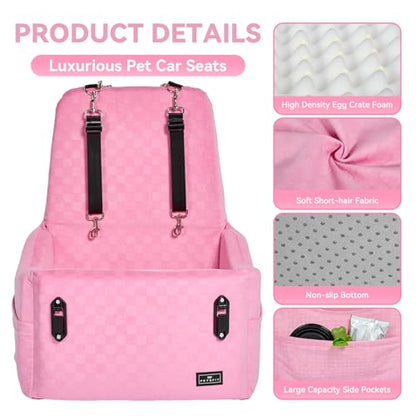 PETSFIT Dog Car Seat for Small/Medium Dogs Up to 35 lbs – Patented Safety System, 5" Memory Foam Pet Booster Car Seat, Fully Detachable and Washable Dog Carseat with 2 Storage Pockets (Pink) - color: Pink