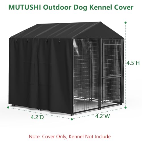 Outdoor Dog Kennel Cover 4.2'D x 4.2'W x 4.5'H Black Full Coverage with Transparent PVC Window and Breathable Mesh All-Weather Protection for Multiple Brands of Kennels Only Cover - size: 4.2'D x 4.2'W x 4.5'H