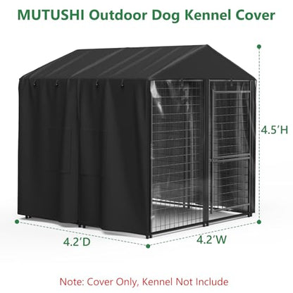 Outdoor Dog Kennel Cover 4.2'D x 4.2'W x 4.5'H Black Full Coverage with Transparent PVC Window and Breathable Mesh All-Weather Protection for Multiple Brands of Kennels Only Cover - size: 4.2'D x 4.2'W x 4.5'H