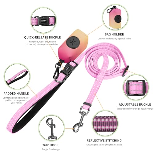 Kazazoo Hands-Free Dog Leash with Poop Bag Holder, Adjustable 4-7 Ft Waist for Dog Walking, Running for Small Dogs with Reflective Strips, Nylon Waist Belt, Pink - color: Pink