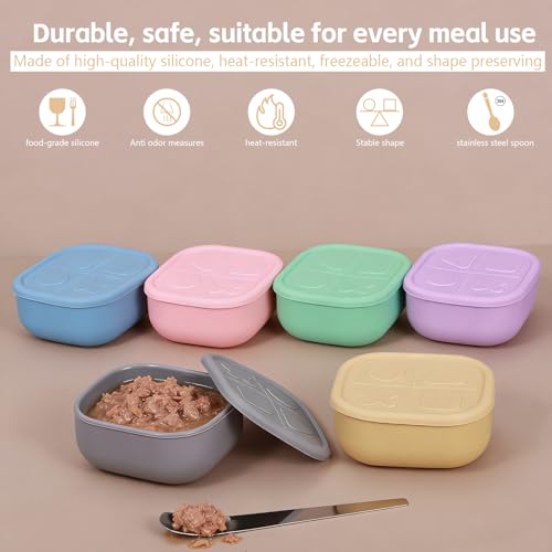 6 Packs Silicone Airtight Pets Food Storage Containers with Lids 12.85ozs Dog Cats Food Storage with 2pcs Steel Scoop Leakproof Meal Prep Kit for Canned Pet Food Storage