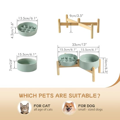 Havniva 6.1” Raised Slow Feeder Dog Bowls Set, 0.9 Cups Ceramic Slow Feeder Dog Bowl and 6.1” Dog Water Bowl with Elevated Wooden Stand Puzzle Dog Food Bowl for Small Dogs Anti-Gulping & Anti-Choking - color: 2 x Light Green+Stand-C, size: 6.1inch