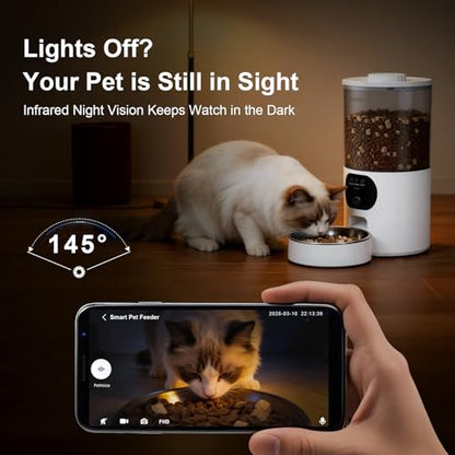 2K 카메라가 있는 자동 고양이 피더, 5G/2.4G Wi-Fi 6.5L 스마트 반려동물 피더, 고양이 및 소형견용, 야간 시야가 있는 자동 강아지 피더, 양방향 오디오, 동작 감지, 수유 일정 및 앱 제어