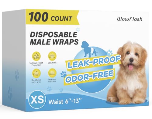 Wowflash 100 Count Male Dog Diapers Disposable, Leakproof Dog Wraps with Wetness Indicator, Breathable Quick-Dry, Secure Fit Doggy Belly Bands for Incontinence, Marking & House Training, X-Small - size: X-Small