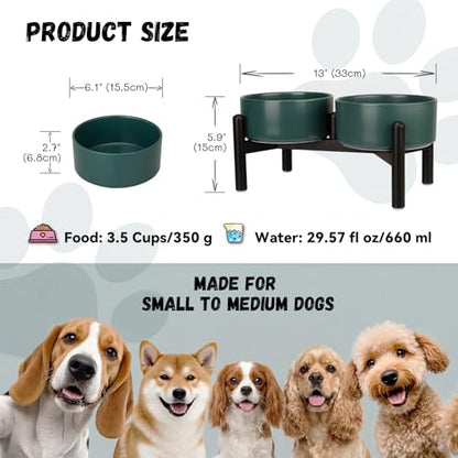 Raised Ceramic Dog Bowl Set - Elevated Double Dishes with Stainless Steel Stand - Food and Water Bowls for Small to Medium Dogs - Each Holds 3.5 Cups (29.57 fl oz) - Green - color: Green, size: 2 Bowls - 3.5 Cups Each