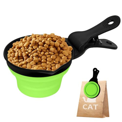 Collapsible Dog Food Scoop Foldable Pet Food Bag Clip 3 in 1 Multi-function Silicone Cat Food Measuring Cup Scoop Dog Food Scooper Pet Food Storage Clip (Green, 2 Cup Capacity(1 Pack)) - color: Green, size: 2 Cup Capacity(1 Pack)