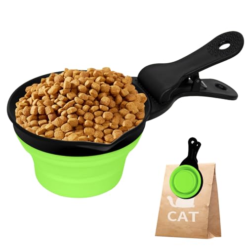 Collapsible Dog Food Scoop Foldable Pet Food Bag Clip 3 in 1 Multi-function Silicone Cat Food Measuring Cup Scoop Dog Food Scooper Pet Food Storage Clip (Green, 2 Cup Capacity(1 Pack)) - color: Green, size: 2 Cup Capacity(1 Pack)