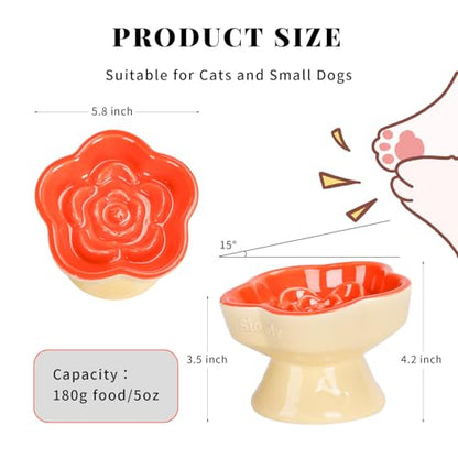 S&Q's CERAMICS Raised Slow Feeder Cat Bowl, Ceramic Glass Elevated Pet Food Bowl Small Dogs Slow Feeder, Flower Shaped Cute Dish for Dry and Wet Food (Orange, 5.8") - color: Orange