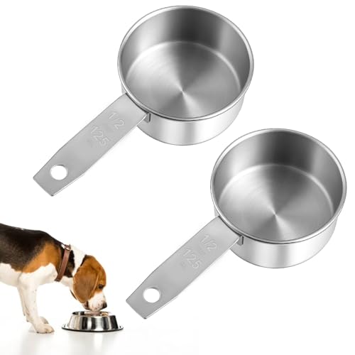 2 PCS 1/2 Cup Dog Food Scoop, 1/2 Cup Measuring Scoop | 125ml Stainless Steel Half Cups Dog Food Scoops for Feeding Pet, Wet and Dry Ingredients, Dishwasher Safe