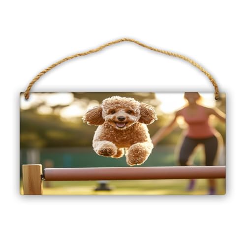 Poodle Dog Jumping Agility Hurdle with Owner in Sunset Light Sign, Rustic Wood Plaque Decor, Farmhouse Wooden Wall Art for Living Room, Bedroom, Entryway, Hanging Home Decor, 12x6 Inch
