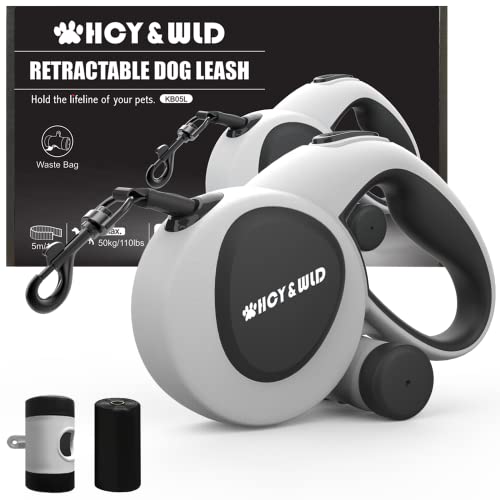 HCY&WLD Upgrade 3-in-1 Retractable Dog Leash with Integrated Dispenser & Poop Bags, 16 ft Heavy Duty Dog Leash with Anti-Slip Handle for Dogs up to 110 lbs, 360° Tangle-Free, One Button Brake & Lock