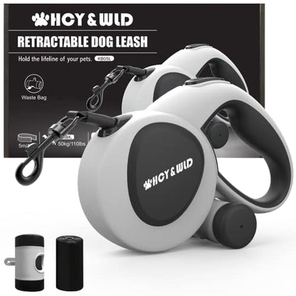 HCY&WLD Upgrade 3-in-1 Retractable Dog Leash with Integrated Dispenser & Poop Bags, 16 ft Heavy Duty Dog Leash with Anti-Slip Handle for Dogs up to 110 lbs, 360° Tangle-Free, One Button Brake & Lock
