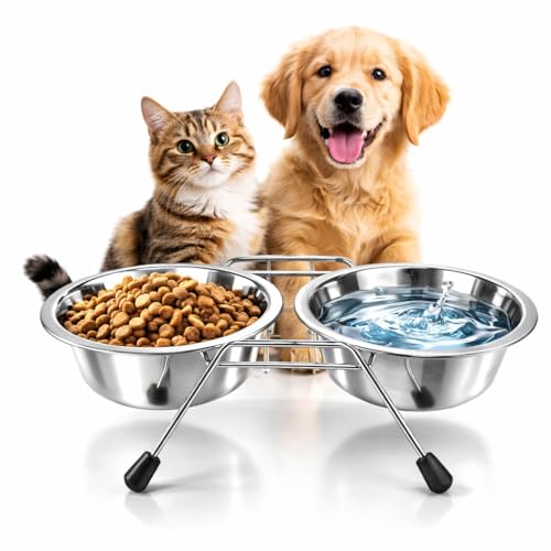 Pet Bowls for Dogs and Cats, with 2 Bowls, Iron Stand Base, Double Bowl Stand, Two Steel Removable (7oz) - size: 7oz