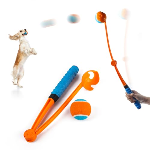ALL FOR PAWS 25“Dog Ball Launcher, Foldable Tennis Ball Thrower with Soft and Comfortable Tennis Racket-Like Handle Grip, 2.5 inch Ball Included