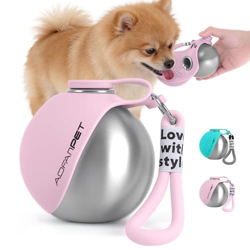 Portable Dog Water Bottle 10oz Stainless Steel Travel Dog Water Dispenser with Bowl No-Spill Puppy Water Bottle for Walking Hiking Small Dog Water Bottle - color: Pink