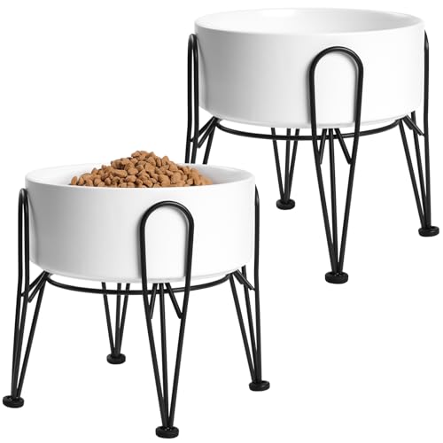 Elevated Dog Bowls, Ceramic Raised Dog Bowl Set with Anti-Slip and Non-Tip Metal Stand, 2 Pack Pet Food and Water Feeding Bowls for Small and Medium Dogs (White,7.6 Cups) - color: White, size: 7.6 Cups | 2 Pack | For Large Dogs