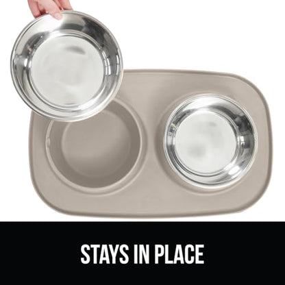 GORILLA GRIP Dog Bowl Set with Slip Resistant Silicone Feeding Mat, 3 Cup, Food Grade 304 Stainless Steel Bowls, BPA Free, High Edge Spill Containment, Dishwasher Safe, Finger Notch Removal, Beige - color: Beige, size: 3 Cup Bowls