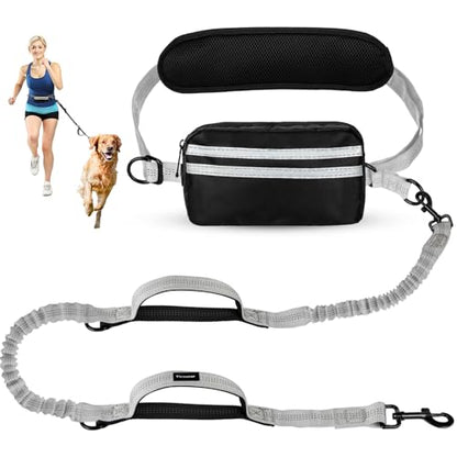 Hands Free Dog Leash with Pouch, Retractable Bungee with Double Padded Handles, Dog Leashes with Bungee for Medium & Large Puppy - color: Silvery